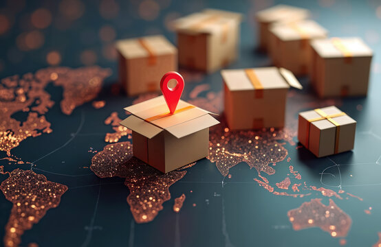 3D rendering of global logistics network. Cardboard boxes float above world map with pinpoint marker. Illustrates international shipping, supply chain management. Represents efficient delivery