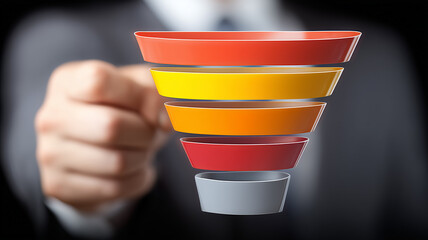Layered sales funnel floating before an executive illustrating customer journey management lead nurturing and conversion optimization for revenue growth and measurable marketing impact.
