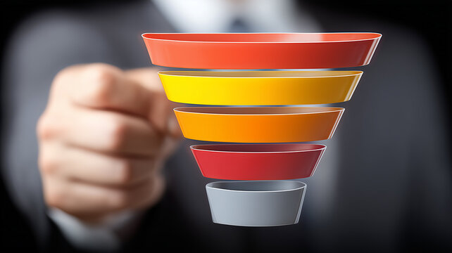Layered sales funnel floating before an executive illustrating customer journey management lead nurturing and conversion optimization for revenue growth and measurable marketing impact.
