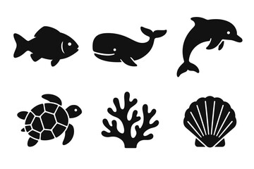 Fototapeta premium Aquatic icons: fish, whale, dolphin, turtle, coral, shell silhouettes