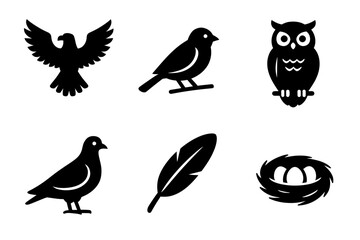 Fototapeta premium Set of bird silhouettes: eagle, sparrow, owl, pigeon, feather, and nest