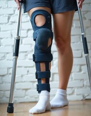 Naklejka na ściany i meble Woman wearing knee orthosis brace walks with crutches after leg surgery. Patient during rehabilitation and recovery from injury. Female uses orthopedic splint for support, stability and pain relief. Naklejka na ściany i meble Woman wearing knee orthosis brace walks with crutches after leg surgery. Patient during rehabilitation and recovery from injury. Female uses orthopedic splint for support, stability and pain relief.