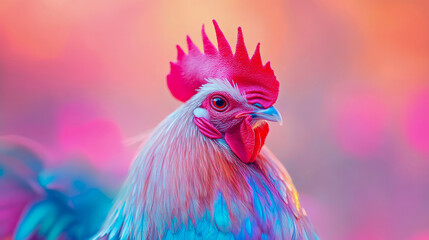 Fototapeta premium Vibrant multicolored rooster with striking red comb and iridescent feathers, set against soft, dreamy blend of pink, orange, and purple hues, artistic and captivating avian portrait