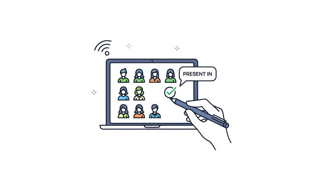 Online Meeting on Laptop Screen with Participants and Hand Using Stylus. - Powered by Adobe