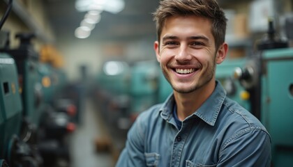 Young cheerful man smiles in workshop. Works in industrial manufacturing. Engineer apprentice tech student learns new skill. Happy worker in factory setting, ready for future career development in