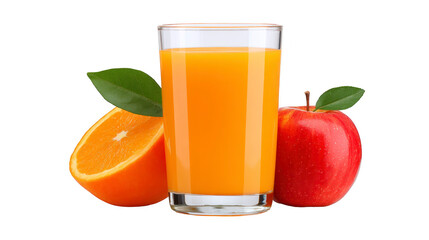 Fototapeta premium Glass of fresh orange juice with half orange and red apple, isolated on transparency background, healthy vitamin drink, refreshing and natural, perfect for breakfast or snack