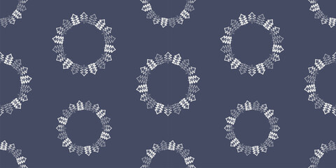 Decorative christmas trees outlines abstract silhouettes in circles, seamless pattern, wallpaper, paper, textile, wrapper, print, fabric, vector