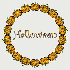Halloween smiling pumpkins, circle frame, greeting card, vector illustration, lettering