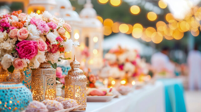 Beautifully decorated festive table with lush pink and white floral centerpieces, illuminated golden lanterns, and sparkling bokeh lights, creating enchanting ambiance for special outdoor celebration