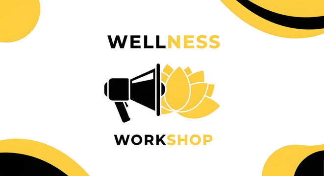 Wellness workshop vector graphic featuring a megaphone and lotus flower promoting health and mindfulness perfect for event posters and social media