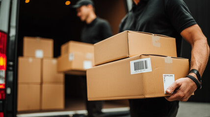 Couriers carrying labeled boxes from a vehicle show distribution in action, representing reliable last mile delivery logistics and attentive customer service.
