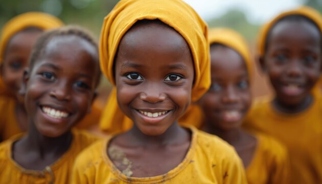 Portrait of happy African children smiling at camera. Group of poor kids in yellow clothes from rural village community. Young generation represents hope for better future, education. Charity support