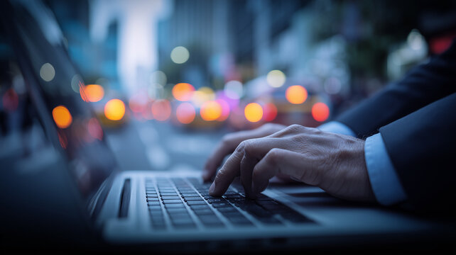 Hands typing on a laptop in an urban setting capturing remote work mobility and the always connected digital economy.
