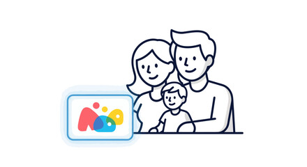 Line art family with colorful smart home device icon.