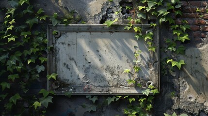 Overgrown stone plaque on weathered wall