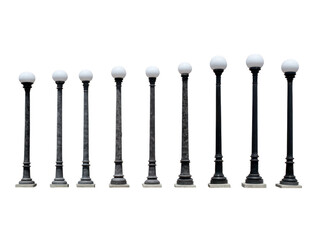 Classic black street lamp post with round white globe light, vintage outdoor lighting, urban city park or sidewalk, isolated on transparency background, elegant and nostalgic atmosphere