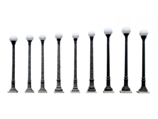 Classic black street lamp post with round white globe light, vintage outdoor lighting, urban city park or sidewalk, isolated on transparency background, elegant and nostalgic atmosphere