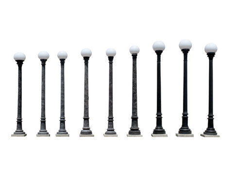 Classic black street lamp post with round white globe light, vintage outdoor lighting, urban city park or sidewalk, isolated on transparency background, elegant and nostalgic atmosphere - Powered by Adobe