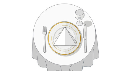 Elegant Table Setting with White Tablecloth Plate Cutlery and Wine Glass.