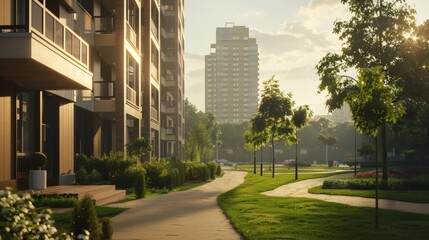 Apartment buildings with landscaped walkways and green spaces at sunrise