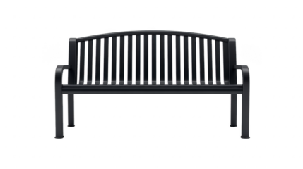 Black metal bench outdoor seating modern design isolated on transparency background sturdy construction comfortable public park urban furniture relaxation minimal style