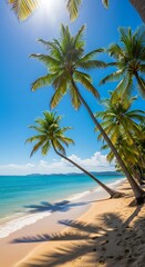 Fototapeta premium Lush tropical palm trees cast long shadows on a pristine sandy beach, bathed in bright sunlight against a vibrant blue sky.