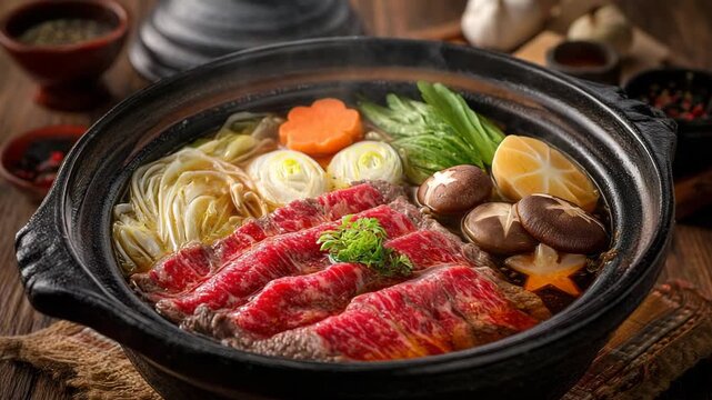 Delicious Japanese sukiyaki hot pot with thinly sliced beef and vegetables