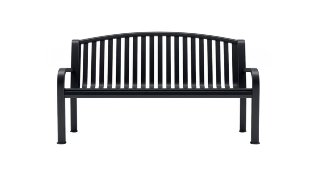 Black metal bench outdoor seating modern design isolated on transparency background sturdy construction comfortable public park urban furniture relaxation minimal style