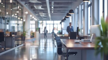 Modern office interior with glass walls and blurred people working