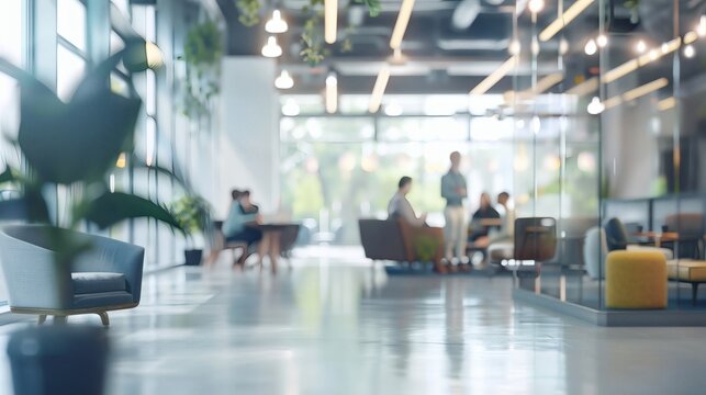 Modern office interior with blurred figures collaborating and relaxing in a bright, open-plan space