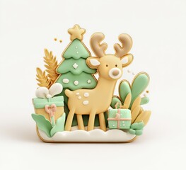 Fototapeta premium Cute Reindeer With Christmas Tree and Gifts in Festive Colors for Holiday Decorations