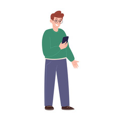 Vector illustration of man holding smartphone and using mobile app for communication