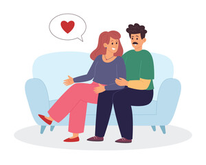 Couple sitting on sofa talking about love concept