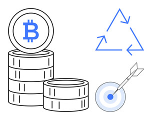 Bitcoin stacks highlight digital currency, recycling arrows symbolize sustainability, and dartboard with arrow represents precise focus. Ideal for finance, cryptocurrency, strategy, ecology, goals
