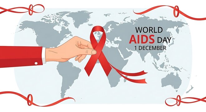 World aids day awareness poster with a red ribbon and world map background