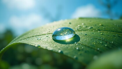 Close-up of green leaf with water droplet reflecting blue sky.