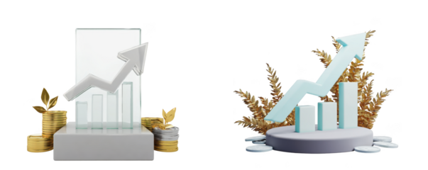 3d render of a glass bar chart with an upward arrow, coins, and decorative plant elements, isolated on transparent background