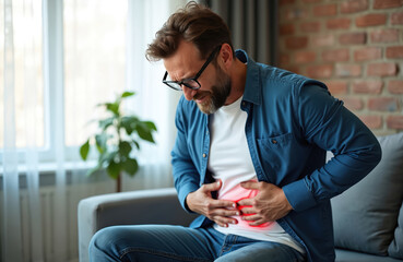 Mature man suffers from severe stomach pain. Sits on sofa at home, gripping belly. Red highlight on abdomen shows strong ache. Feels sick, unwell with digestive disorder problem, possibly needing