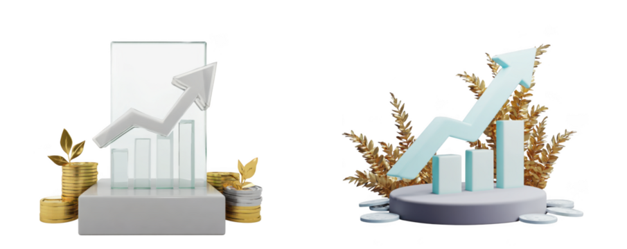 3d render of a glass bar chart with an upward arrow, coins, and decorative plant elements, isolated on transparent background