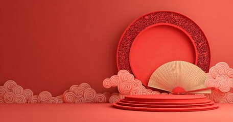 Decorative Red Background With Circular Designs and Traditional Fan Display in Cultural Setting