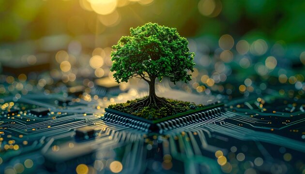 A symbolic representation of technology and nature coming together with a tree growing on top of a computer chip.