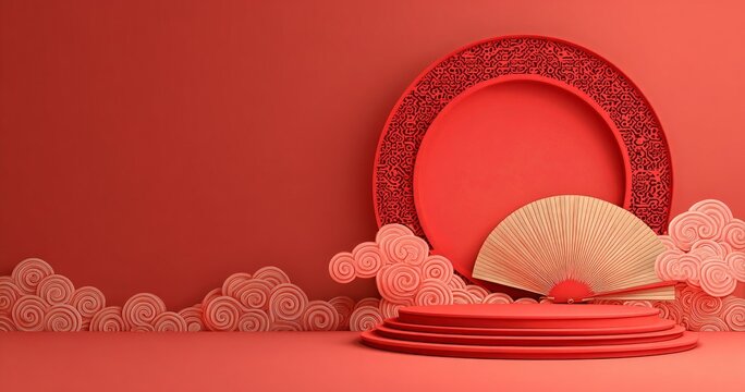Decorative Red Background With Circular Designs and Traditional Fan Display in Cultural Setting