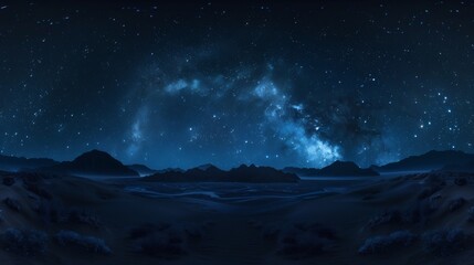 Starry night sky over a dark desert landscape
