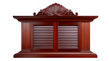 Wooden cabinet with ornate carved top, glossy finish, horizontal slatted doors, and classic decorative details, suitable for living room or hallway, elegant and traditional style