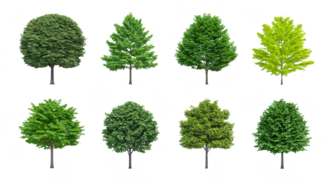 Round tree, conifer tree, and deciduous tree with lush green foliage, isolated on transparency background, perfect for landscape design, nature concepts, and environmental themes