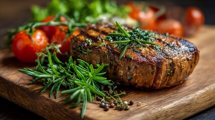 Vegan steak grilled with herbs, a sustainable meat alternative. Eco-friendly and healthy plant-based option.
 