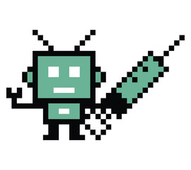 Cartoon pixel art of humanoid robot or ai learning robotic chat bot machine business vector character automation electronic background 8 bit artificial intelligence concept.