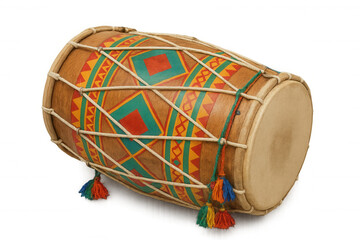 Dholak drum featuring colorful traditional indian folk music instrument with tassels and transparent background