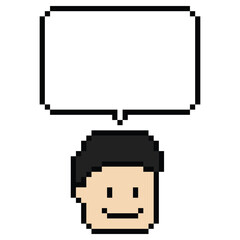 Cartoon pixel cute background man face with chat box blank decoration 8 bit male boy say speak discuss chat box cartoon character pixel 8bit vector.