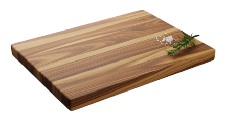 Wooden cutting board isolated on transparent background with salt and rosemary